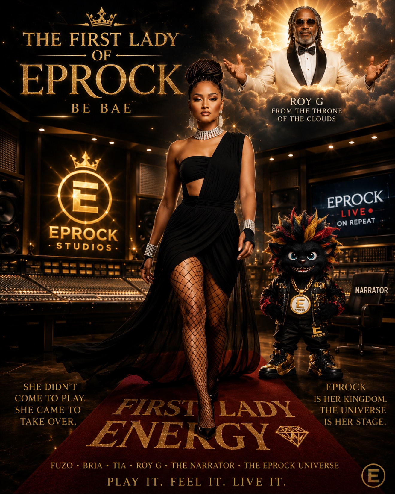Be_Bae, the First Lady of Eprock, in a black and gold gown on the red carpet at Eprock Studios