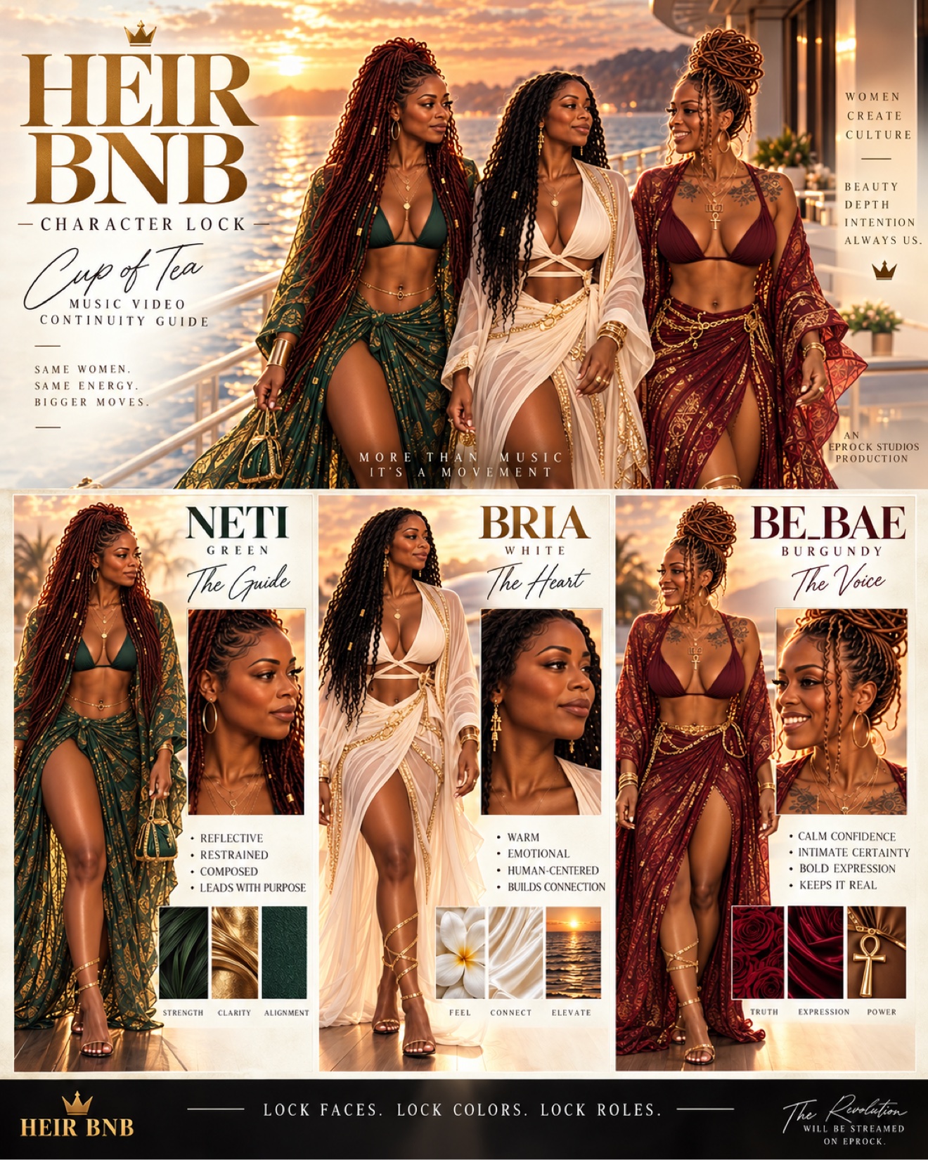 HEIR BNB character lock continuity guide: Neti Green the Guide, Bria White the Heart, Be_Bae Burgundy the Voice